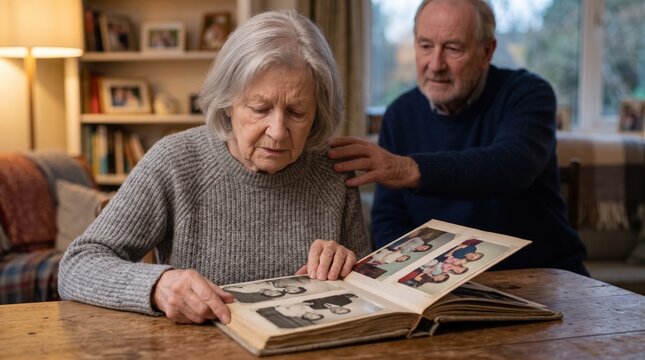 Senior woman with memory loss looks at old photos in album while elderly man comforts her at home. Elderly couple reviewing family photos in cozy living room.