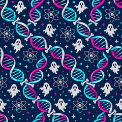 Naklejka premium Halloween Science Seamless Pattern with Glowing DNA Helix, Atoms, Bones, and Spooky Ghosts on Dark Blue Background