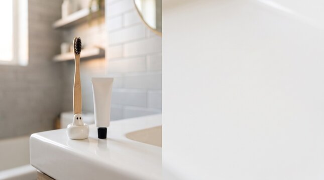 Sustainable oral care essentials displayed on a clean bathroom counter, featuring an eco-friendly bamboo toothbrush and fresh toothpaste, ready for a healthy morning routine