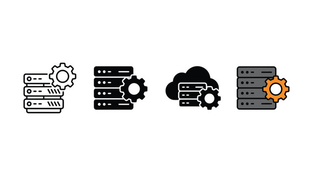 Set of data server icons featuring gear symbols for infrastructure management