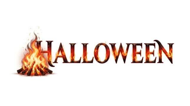 Halloween text design in bold serif letters with campfire flames on white background.