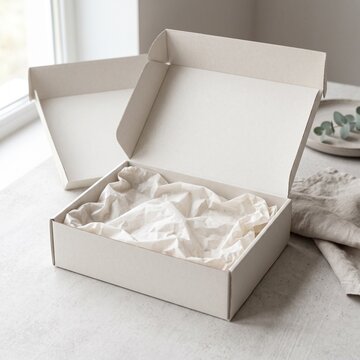 Open white gift box with silk tissue paper inside on table, elegant packaging mockup