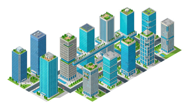 Isometric city skyline with modern skyscrapers and green roofs