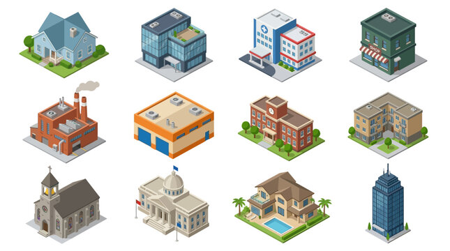 Isometric Buildings Collection: Houses, Offices, Hospitals, Shops, Churches, and More