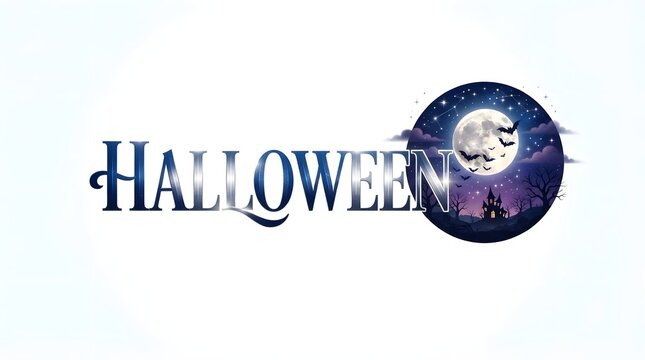 Halloween text graphic featuring moonlight scene with haunted house bats and starry sky.