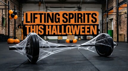 Naklejka premium A barbell decorated with artificial spiderwebs rests in a dimly lit fitness center for halloween weightlifting gym