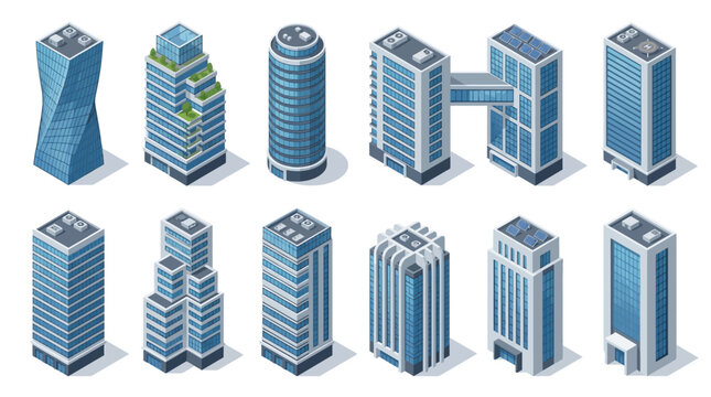 Isometric modern skyscrapers collection, city buildings, urban architecture