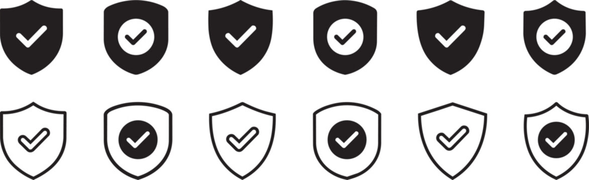Security shield icon set artwork featuring protective shields, verified check marks, lock symbols, safety assurance graphics, 