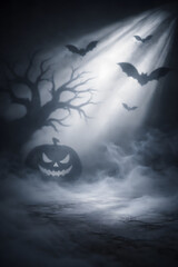 Fototapeta premium Spooky carved Halloween pumpkin silhouette with flying bats in dark misty night illuminated by bright dramatic spotlight beam, eerie haunted graveyard and horror background concept