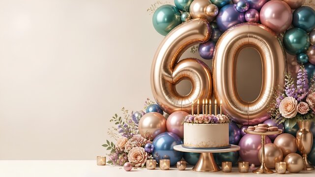 Sophisticated 60th Birthday Celebration with Colorful Balloons and Birthday Cake