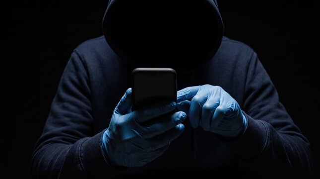A hacker wearing a hoodie and blue gloves uses a smartphone in a dark setting. The persons face is obscured, emphasizing anonymity.