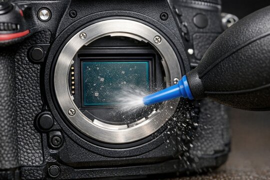 Close-up view of a camera with a water sprinkler attachment, suitable for use in photography or gardening scenarios