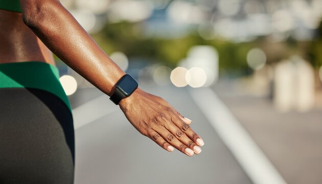 Close up of an active woman wearing a fitness tracker on her wrist.