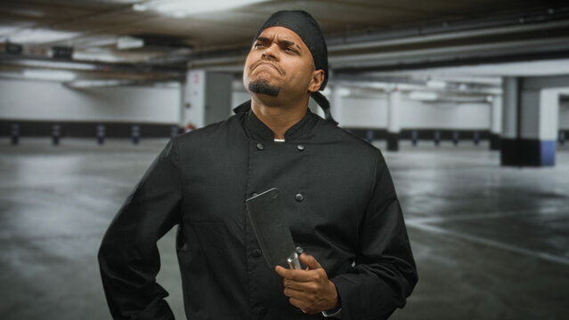 Hispanic man chef in black uniform holding cleaver, hand on chin, in parking garage; thoughtful pondering.