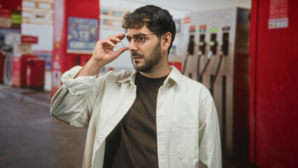 Young hispanic man adjusts glasses at a gas station forecourt, hands near face and looking...