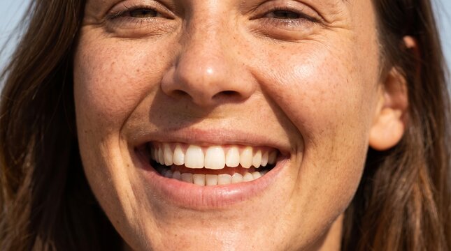 Happy woman smiling with teeth visible, tightly cropped close-up focusing on her mouth and smile, natural appearance, bright lighting, realistic beauty photography