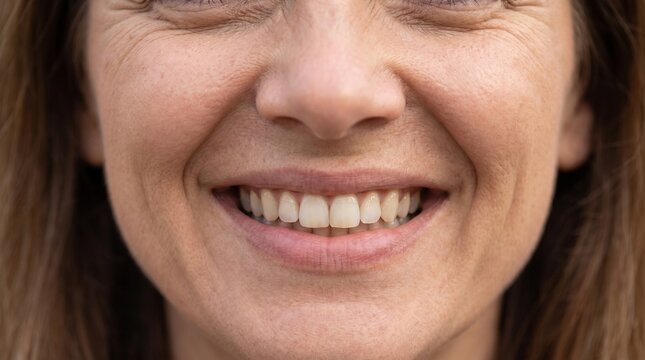 Happy woman smiling with teeth visible, tightly cropped close-up focusing on her mouth and smile, natural appearance, bright lighting, realistic beauty photography