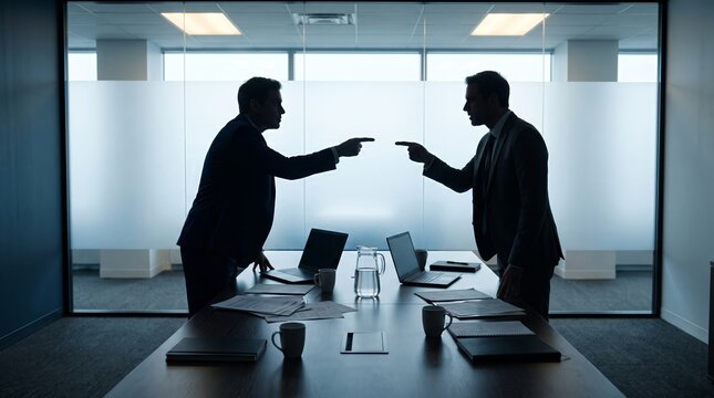 Silhouettes of two businessmen arguing in a conference room. Concept of conflict resolution, corporate tension, leadership challenges, used in business and communication contexts. Generative AI.