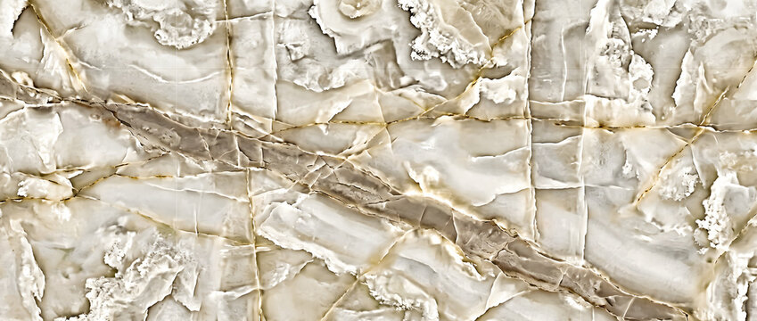 Onyx marble texture background with dramatic gold veins and crystalline formations across pale stone surface for luxury interior design
