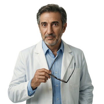 Doctor physician portrait 55 year old Middle Eastern man isolated on a transparent background for professional healthcare and medical concepts