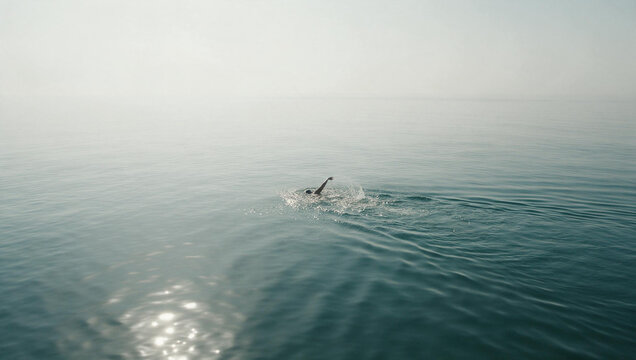 Person swimming freestyle in vast still water. Solitary swimmer exercising in open lake with hazy horizon and negative space