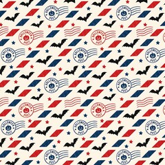 Obraz premium Vintage Halloween Post Airmail Seamless Pattern Background with Stamps Bats and Parallelograms