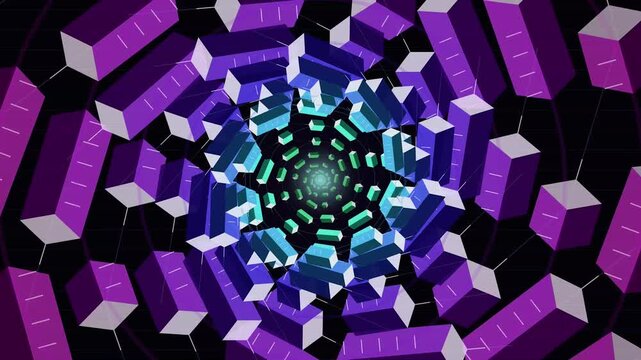 3D rendering of colorful cubes rotating.