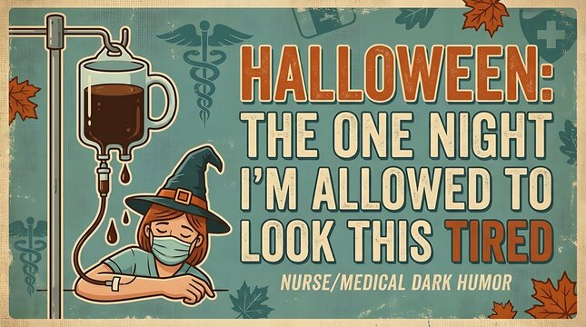 A nurse wearing a witch hat is depicted with an intravenous coffee drip autumnal colors medical healthcare