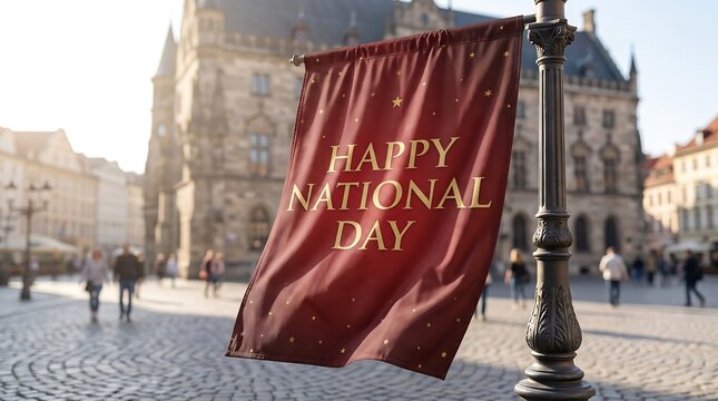 Red happy national day flag banner hanging on city street with classic european buildings in background