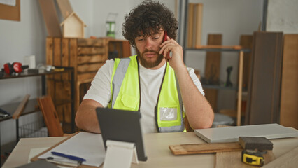 Fototapeta premium Man carpenter in high visibility vest holding phone to ear and tapping tablet on desk in building; project planning stress.