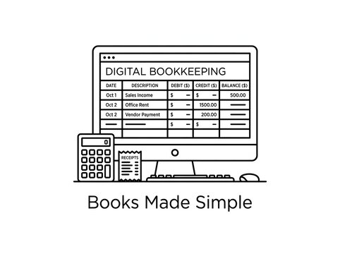 Digital bookkeeping icon with computer screen, calculator and financial spreadsheet data