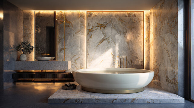Luxurious modern bathroom with elegant bathtub, marble walls, and ambient lighting