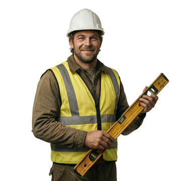 Construction worker builder level, 41 year old man wearing high visibility vest isolated on a transparent background for professional use