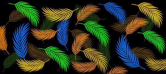 Colorful tropical palm leaves seamless pattern on black background © Flatryx