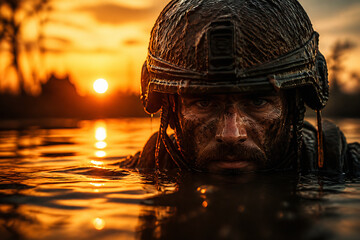 Obraz premium A soldier in tactical gear emerges from water at sunrise or sunset.