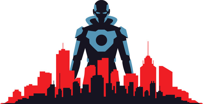 Giant robot superhero standing in the city skyline with red buildings and black silhouette background