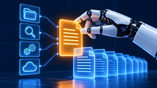 Artificial intelligence robot hand managing digital files with cloud computing search and settings interface for smart data analysis