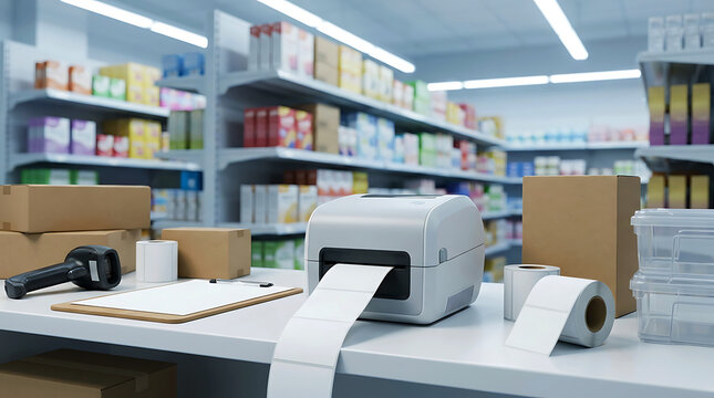 Shipping station with a thermal label printer inside a retail store warehouse