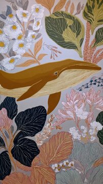Whale amidst vibrant floral tapestry mobile wallpaper