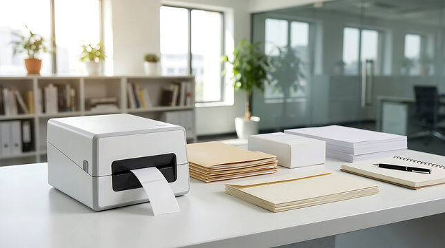 Modern office desk setup with label printer and stationery in workspace