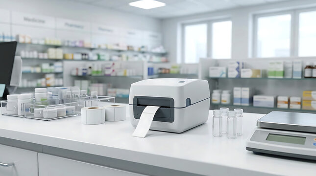Modern pharmacy counter with label printer and medicine bottles in a shop