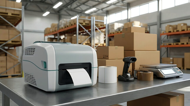 Industrial label printer and scanner on a stainless steel work station desk