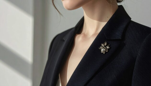 Woman wearing an elegant brooch on her blazer lapel