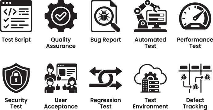 Set of ten software testing and assurance featuring symbols for test scripts, bug reports, automated testing, performance, security, user acceptance, regression, and defect tracking