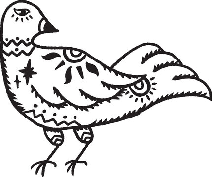 Hand drawn celestial bird with floral folk art details, vintage ink line art vector illustration