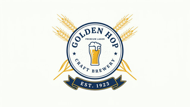 Retro Vintage Beer Brewery Logo Design with Wheat and Hop Elements. Golden Hop Craft Brewery Emblem Mockup With Est 1923 Text. Traditional Antique Branding Identity For Liquor Label Packaging.