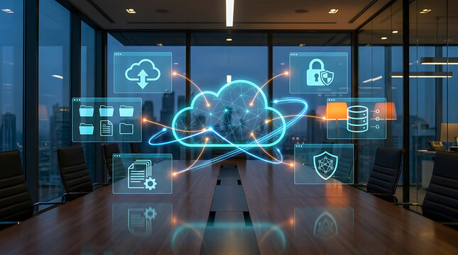 Cloud computing network and data security icons in modern corporate office