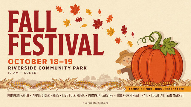 Retro fall festival poster featuring animated pumpkin and autumn leaves, vintage harvest celebration flyer template with wheat borders for seasonal community events and autumn activities