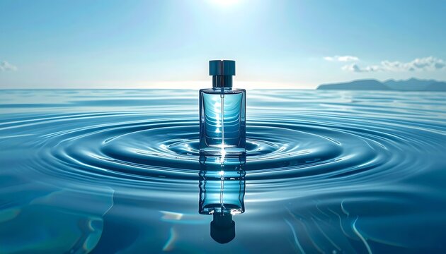 Perfume bottle creating ripples in clear blue water