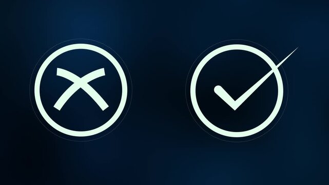 Approval and rejection comparison animation with crossed and checked circular symbols for decisions, verification and business processes.